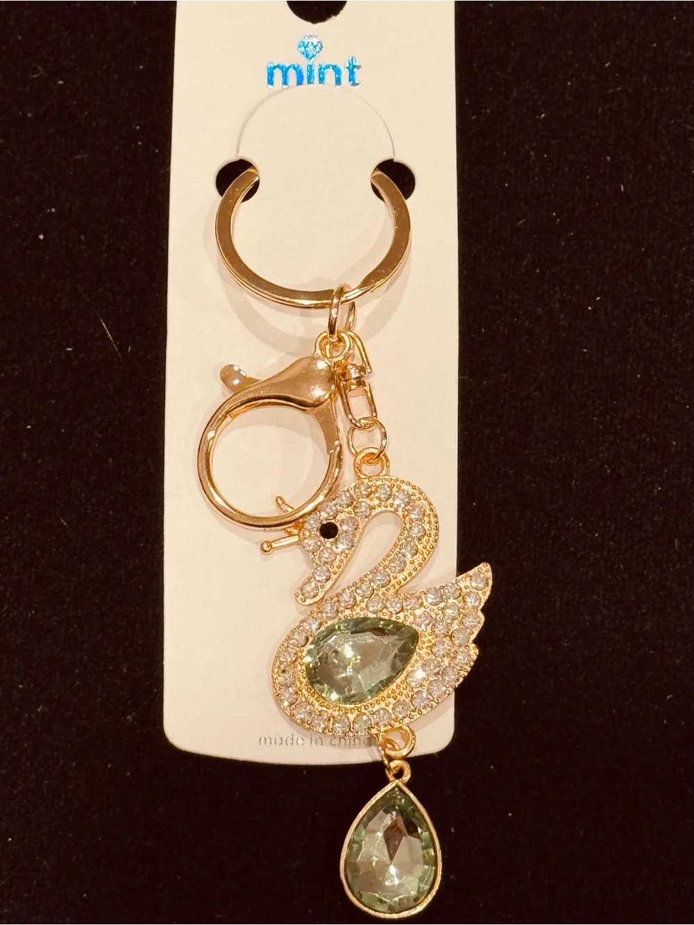 Mint Swan Crystal Keychain Bag Charm Crystal Purse Charm Gold Tone NWT Green